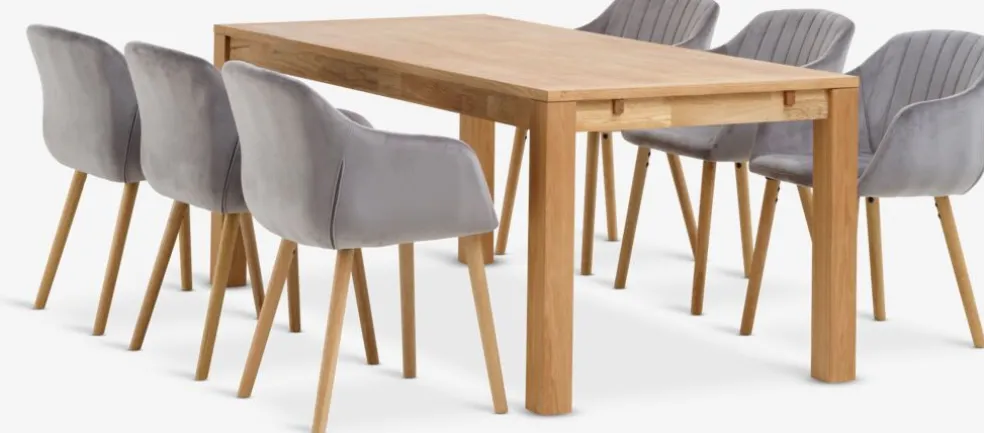 HAGE + ADSLEVHAGE L190 table chêne naturel +4 ADSLEV chaises velours gris