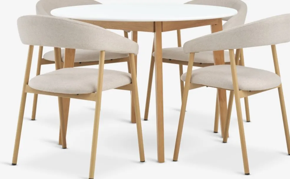 JEGIND + EJSINGJEGIND Ø105 table blanc + 4 EJSING chaises beige/colo. chêne