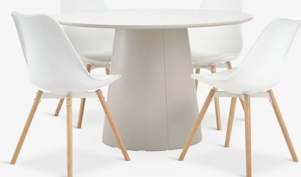 KLIPLEV + KASTRUPKLIPLEV Ø120 table imi. travertin + 4 KASTRUP chaises blanc