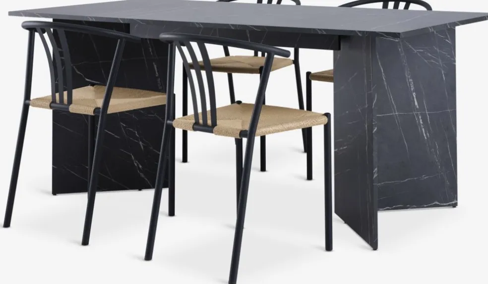 KRONDAL + JYDERUPKRONDAL L180 table marbre + 4 JYDERUP chaises noir/naturel